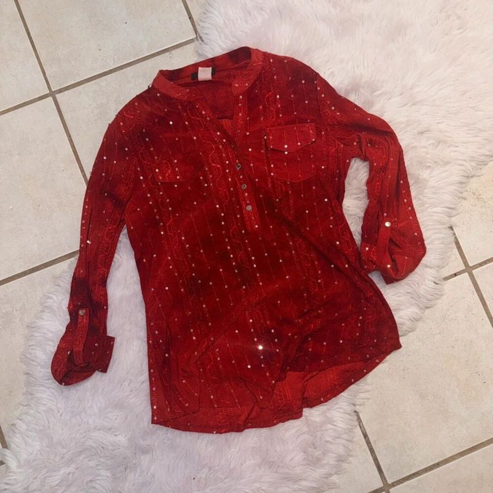 Cocomo Red Sequin Embroidered Tunic Blouse – Roll Tab Sleeve Top